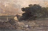 Edward Mitchell Bannister Canvas Paintings - landscape with rocks, man and sailboats